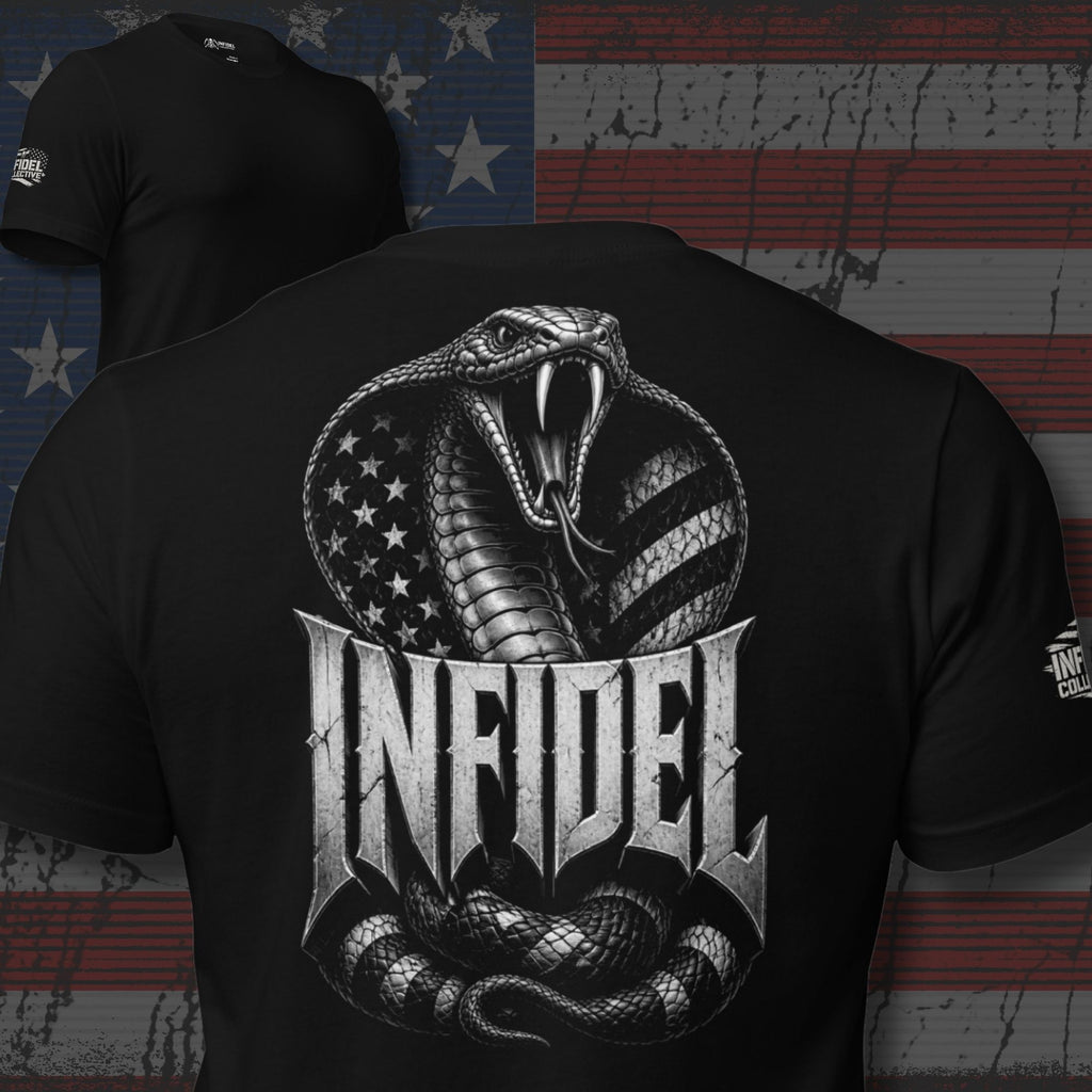 Infidel American flag serpent back print black tee from Infidel Collective
