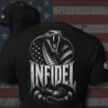 Infidel cobra with an American flag hood design back print black tee from Infidel Collective