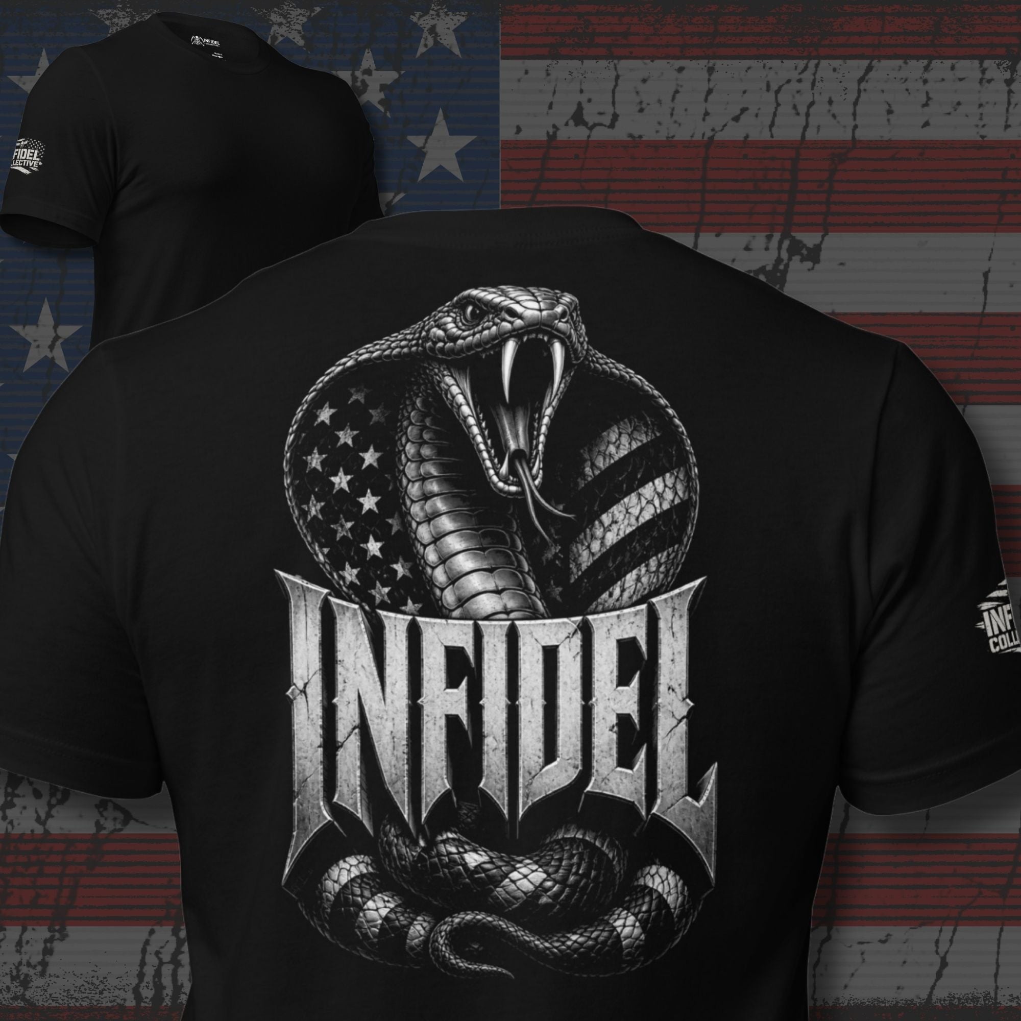 Infidel American flag serpent back print black tee from Infidel Collective