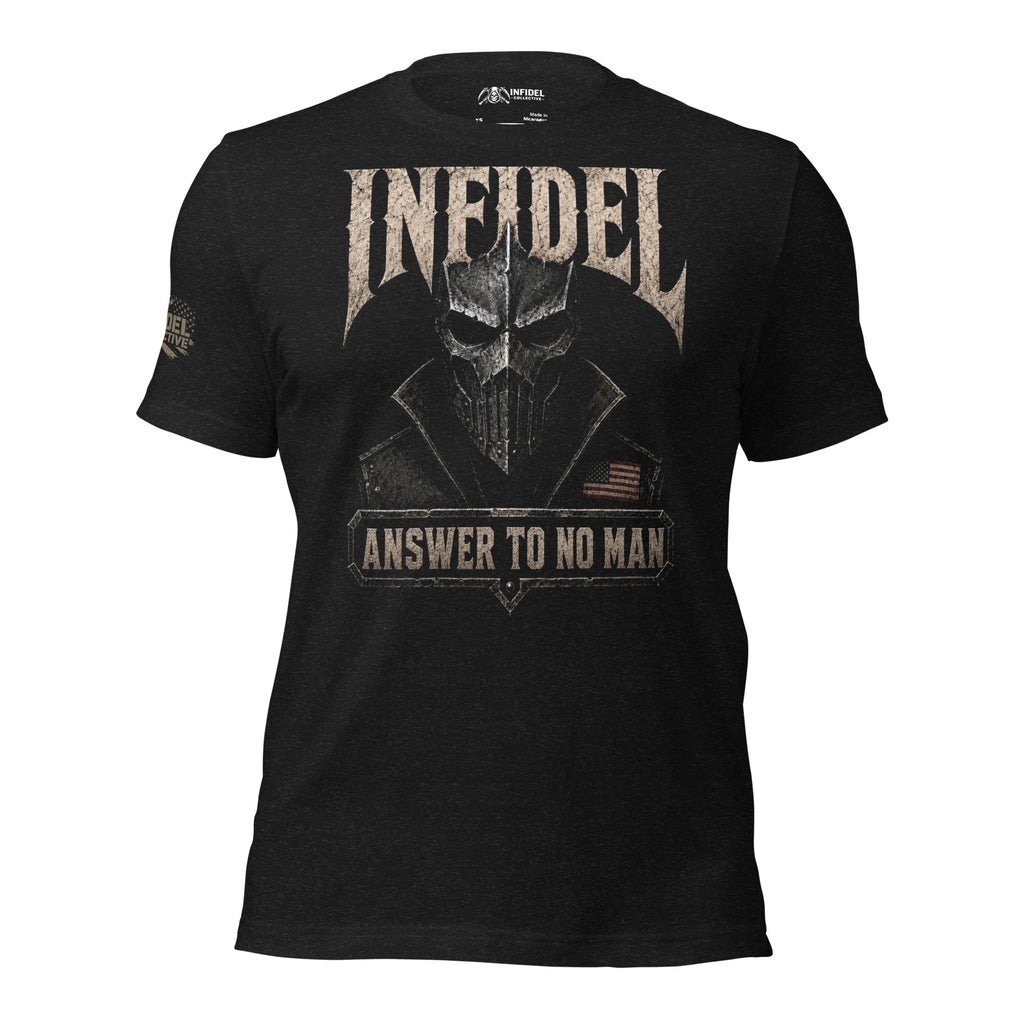 Infidel Answer to No Man death mask front print black tee from Infidel Collective