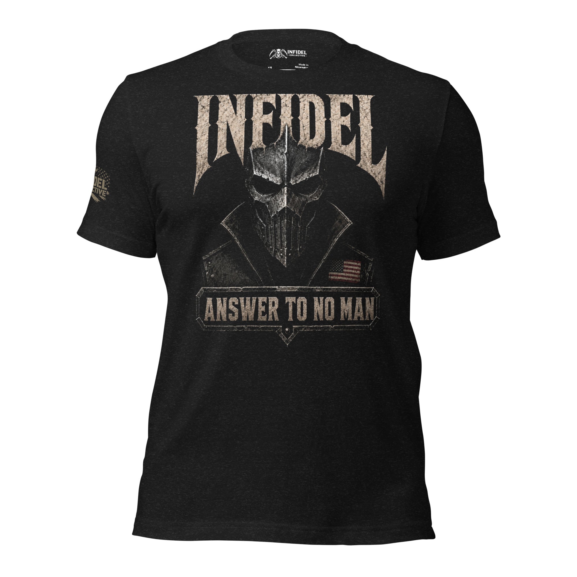Infidel Answer to No Man death mask front print black tee from Infidel Collective