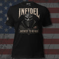 Infidel Answer to No Man death mask warrior design front print black tee from Infidel Collective