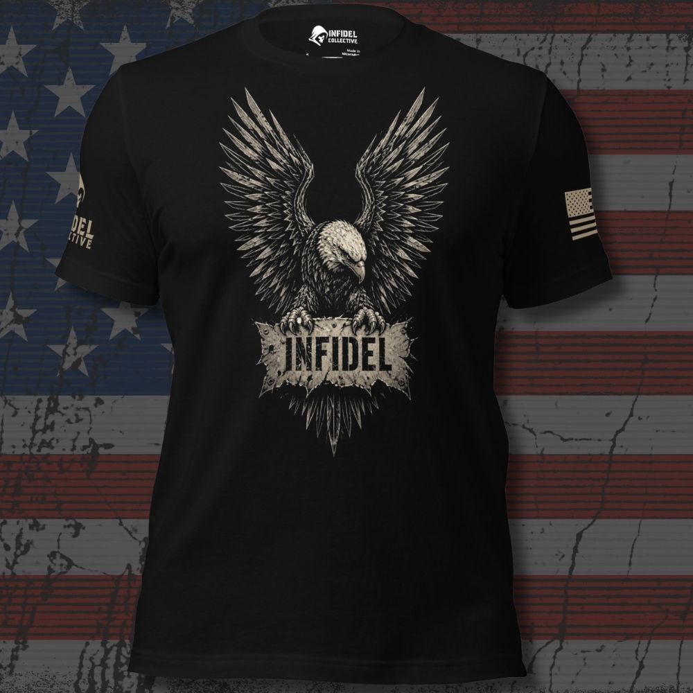 A black short-sleeve graphic t-shirt featuring a large distressed eagle design with the word 'INFIDEL' on the chest, displayed against a rustic American flag background.