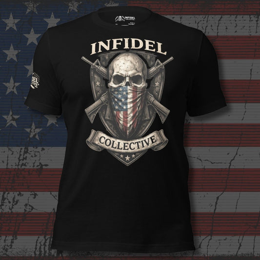 Black t-shirt with skull and American flag design on a distressed American flag background
