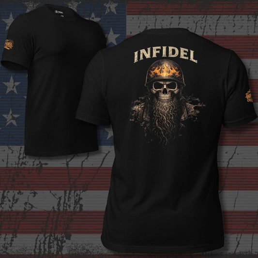 Black t-shirt with skull graphic and 'INFIDEL' text on an American flag background