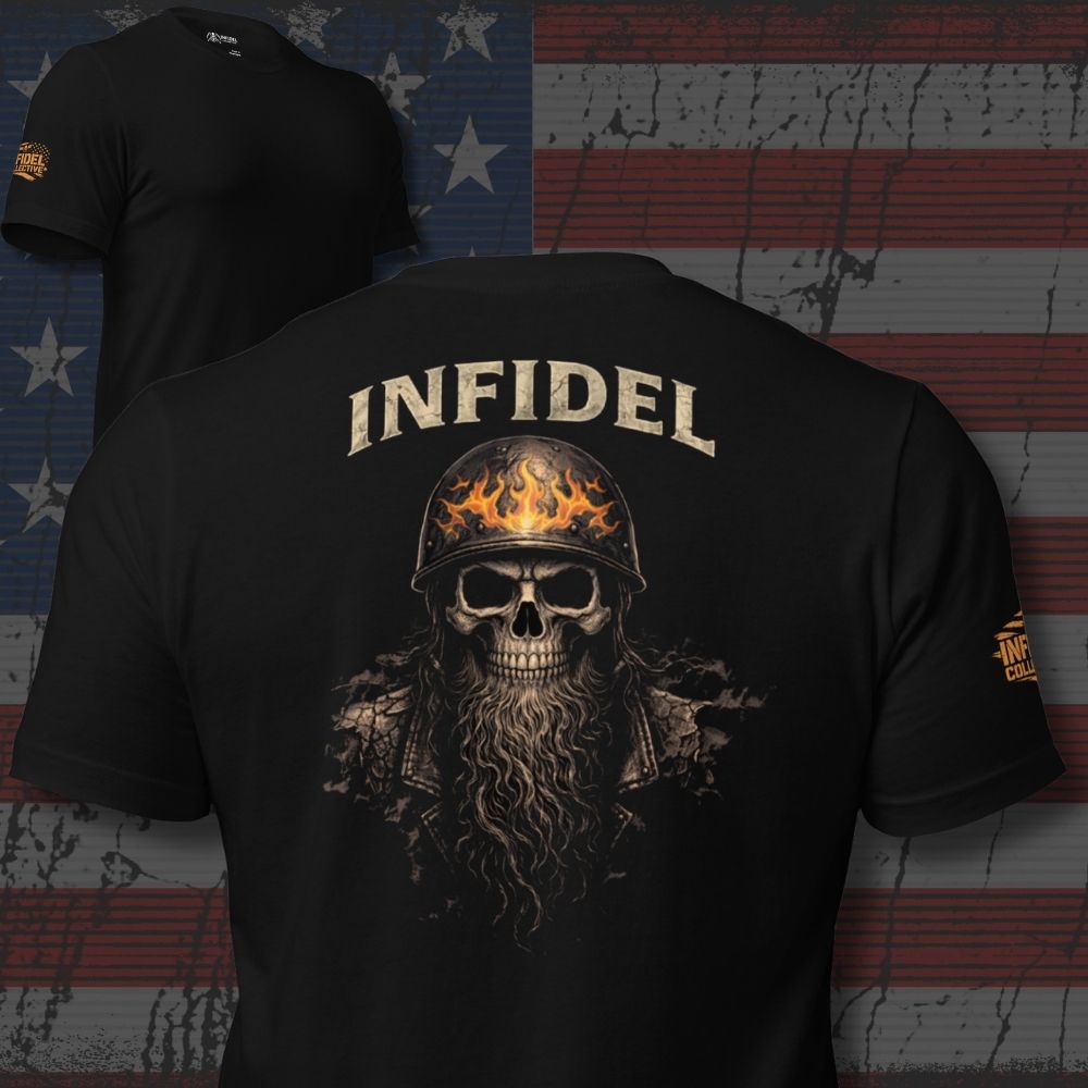 Black t-shirt with skull and helmet graphic and 'INFIDEL' text on a distressed American flag background