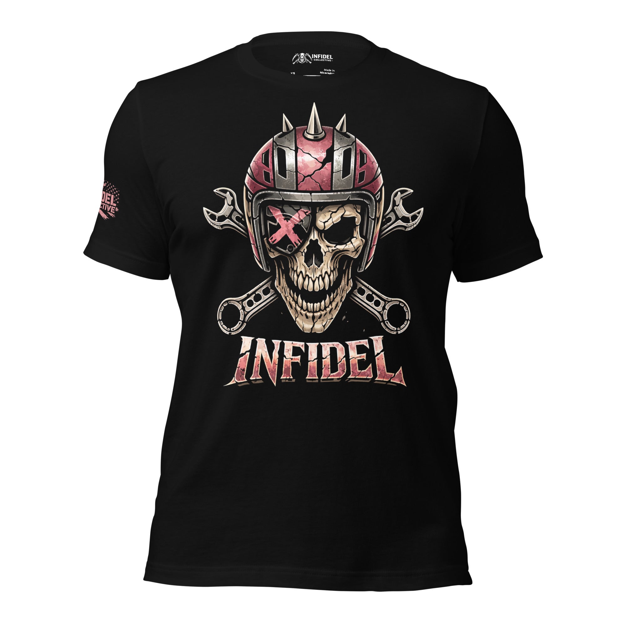 Black t-shirt with skull and helmet graphic and 'Infidel' text on a white background