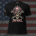 Infidel biker woman skull in a pink helmet with crossed wrenches design front print black tee from Infidel Collective