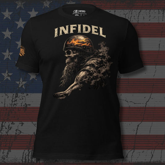 Black t-shirt with graphic design and 'Infidel' text on an American flag background