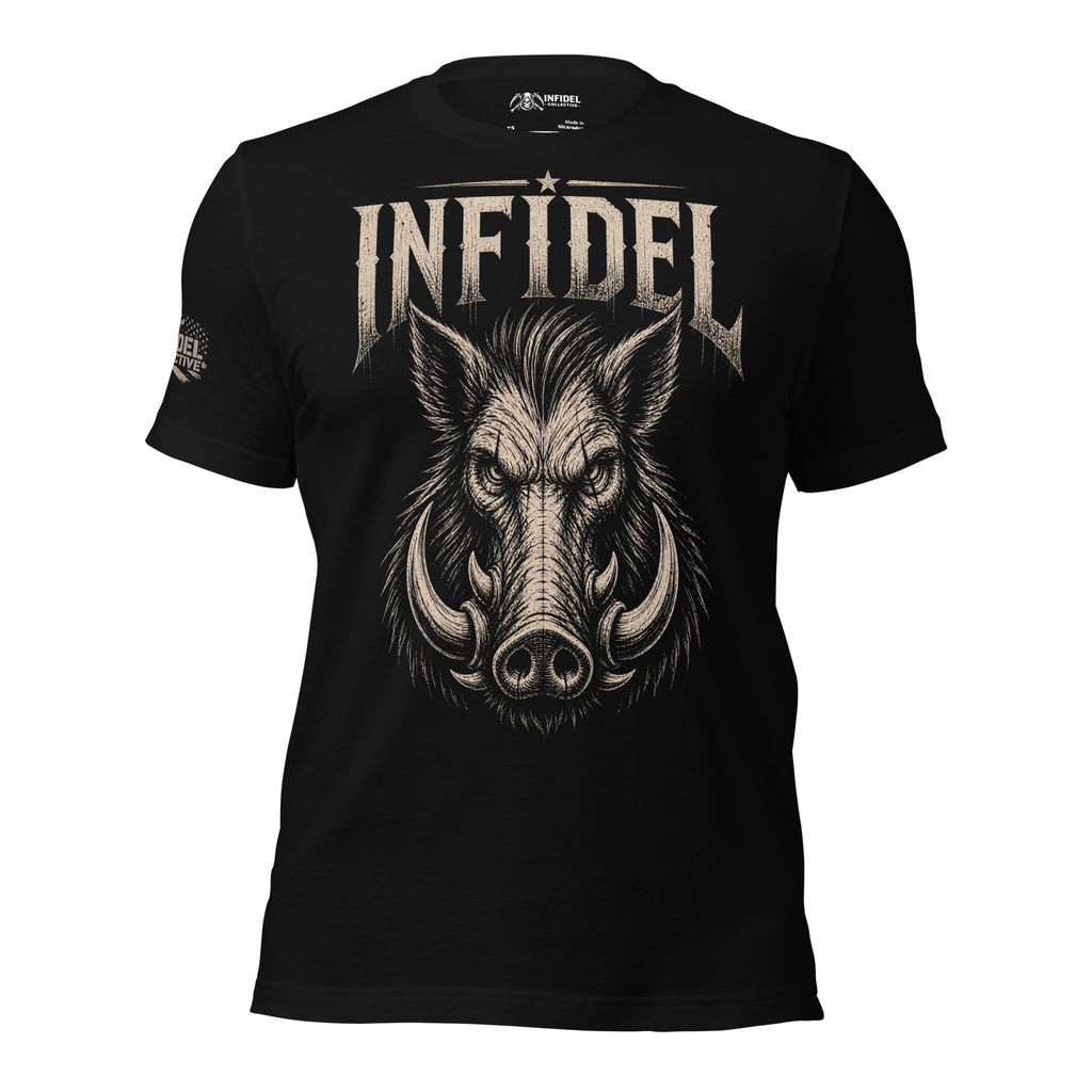 Black t-shirt with a graphic of a boar's head and the word 'Infidel' on a white background