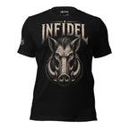 Black t-shirt with a graphic of a boar's head and the word 'Infidel' on a white background
