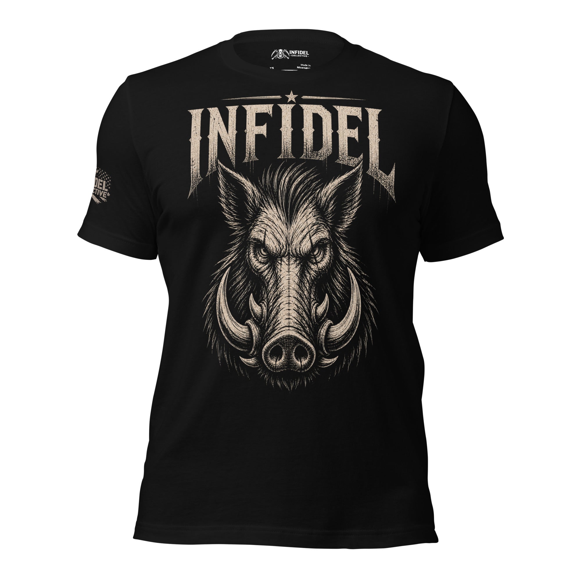 Black t-shirt with a graphic of a boar's head and the word 'Infidel' on a white background