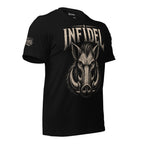 Black t-shirt with white text 'INFIDEL' on a white background