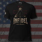 Infidel Born Unbowed hooded knight front print black tee from Infidel Collective