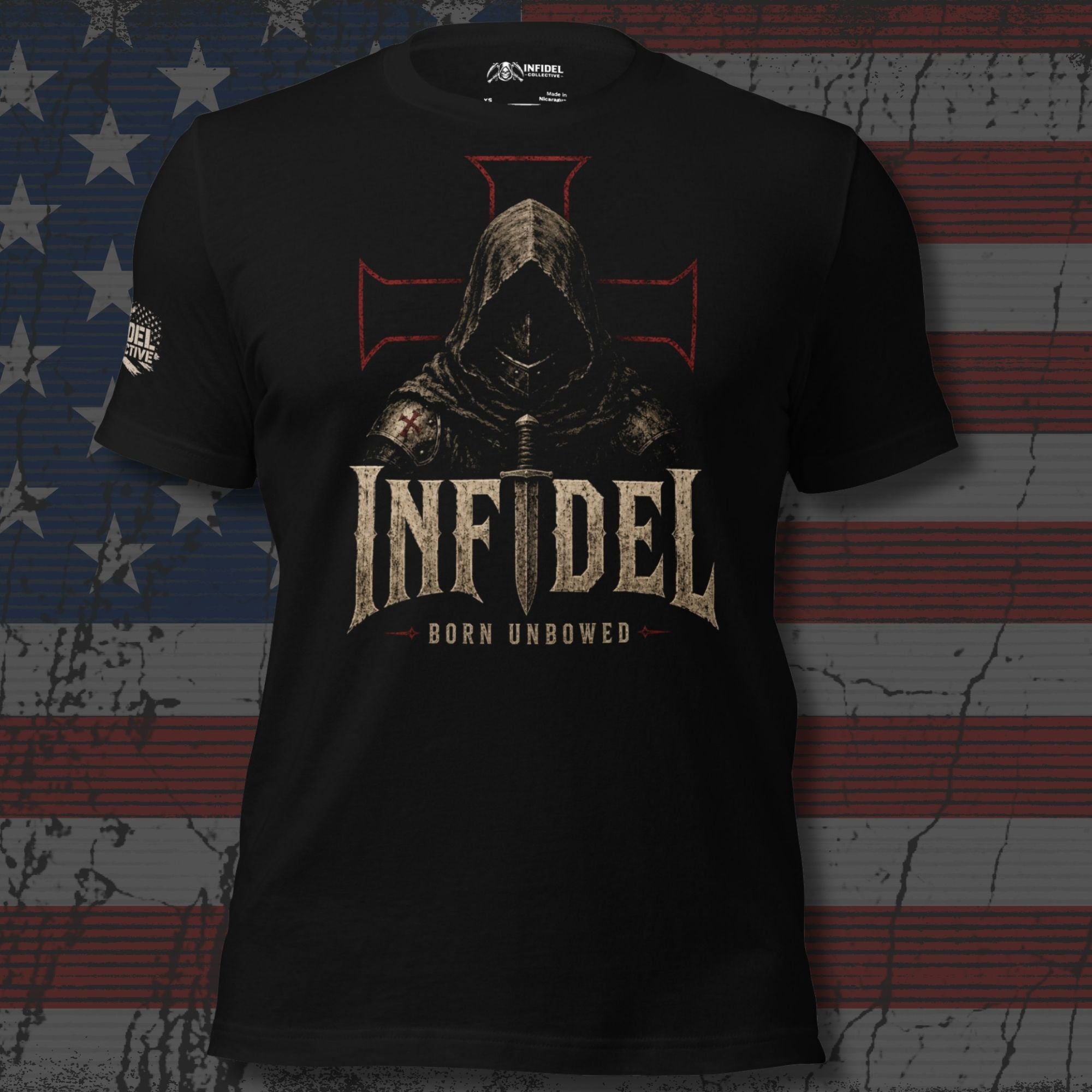 Infidel Born Unbowed hooded knight front print black tee from Infidel Collective