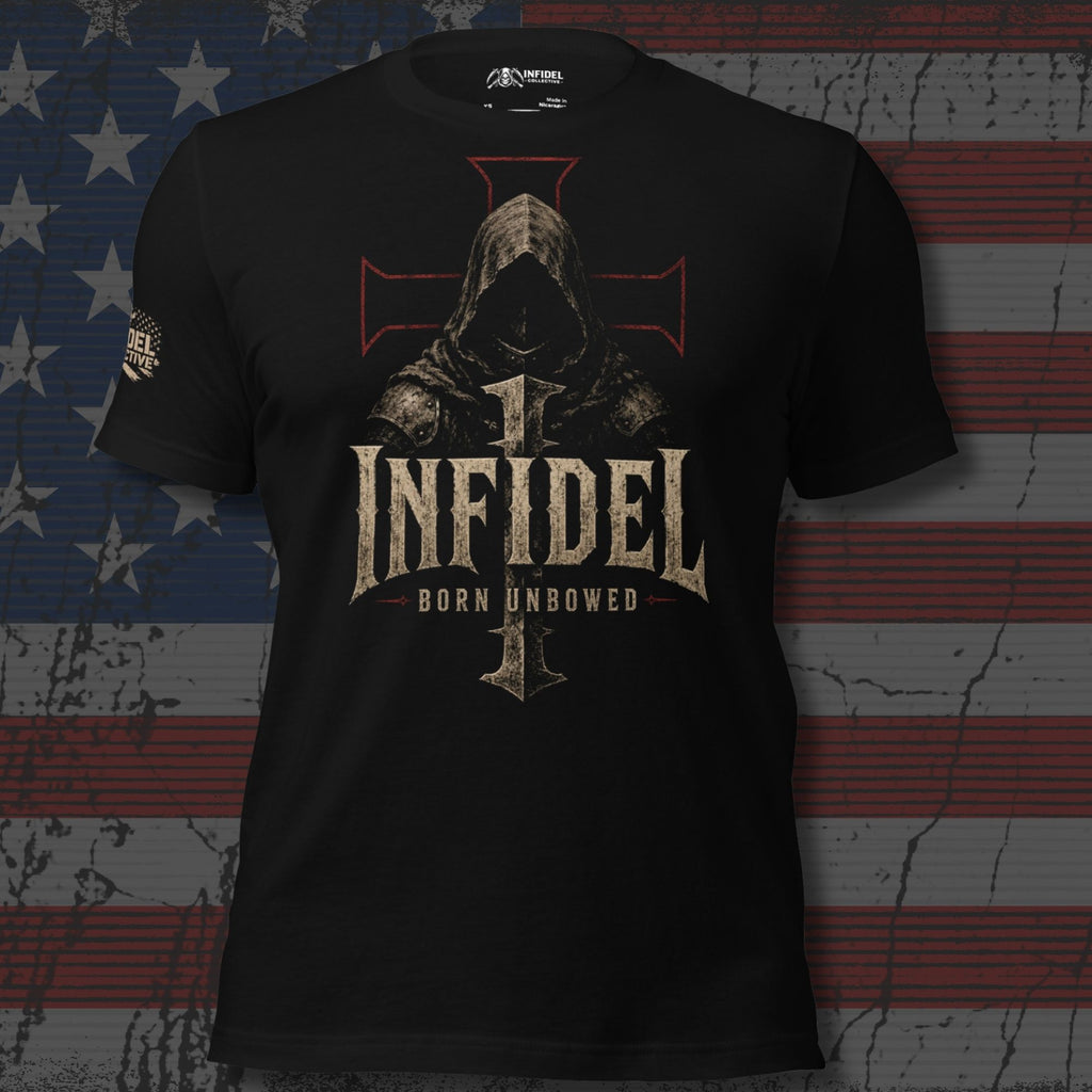 Infidel Born Unbowed hooded knight iron cross graphic black tee from Infidel Collective