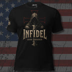 Infidel Born Unbowed hooded knight iron cross graphic black tee from Infidel Collective