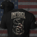 Infidel Born Unbowed American flag rattlesnake coiled around a skull design back print black tee from Infidel Collective