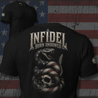 Infidel Born Unbowed rattlesnake skull back print black tee from Infidel Collective
