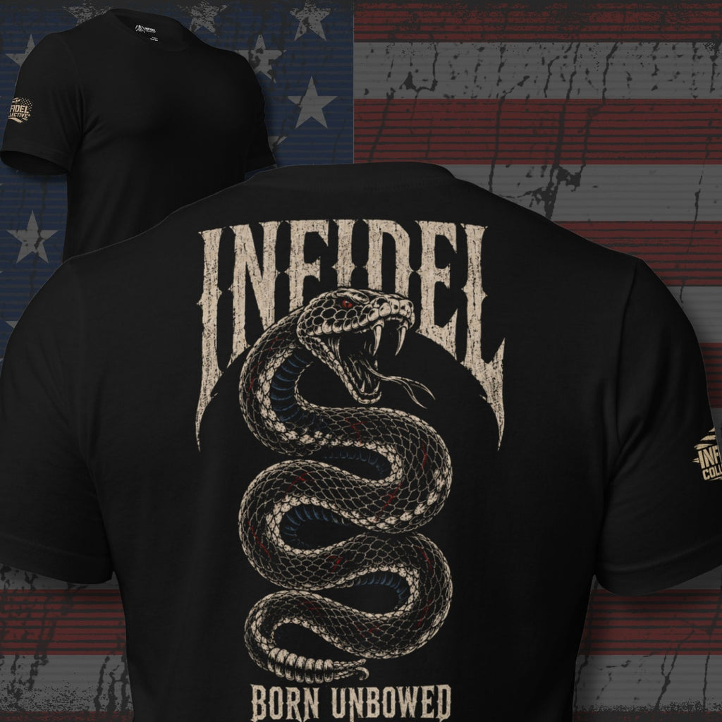 Infidel Born Unbowed rattlesnake back print black tee from Infidel Collective