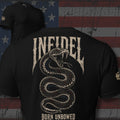 Infidel Born Unbowed coiled rattlesnake design back print black tee from Infidel Collective