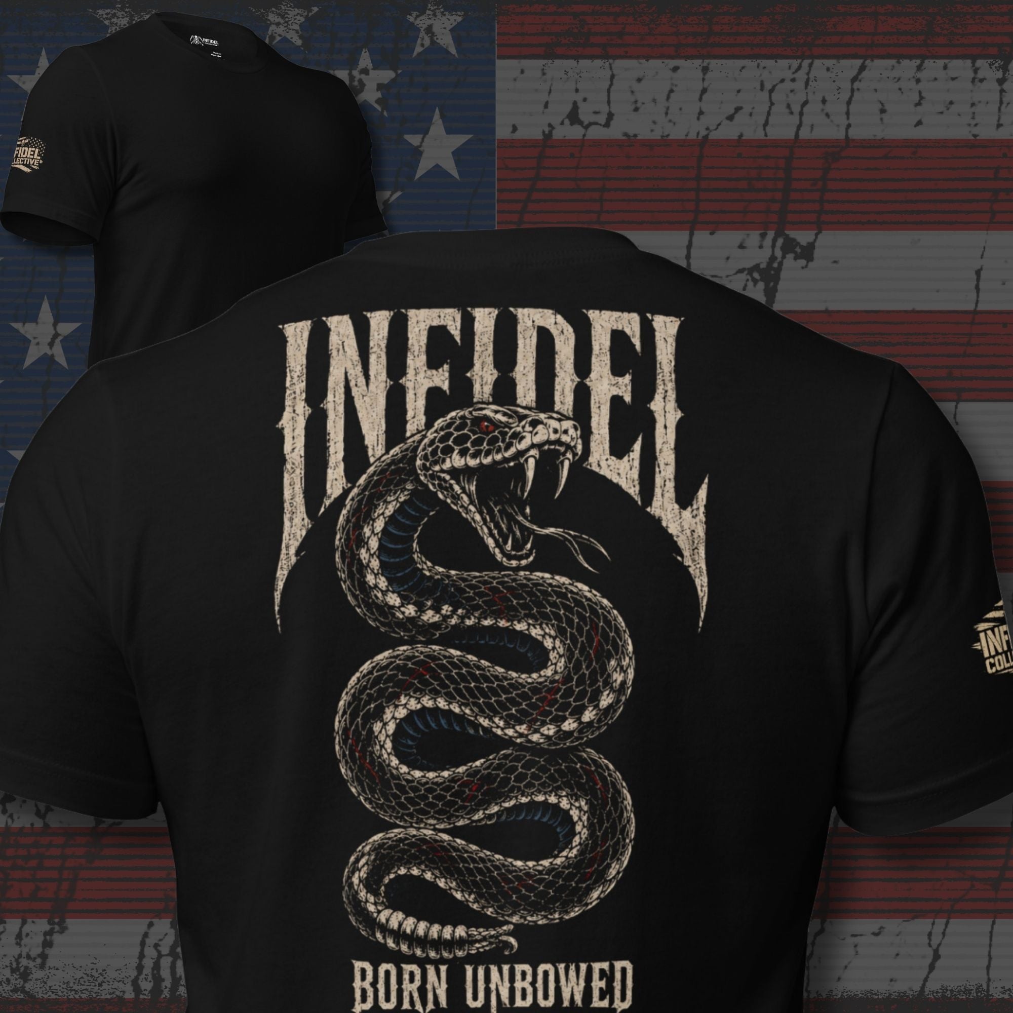 Infidel Born Unbowed rattlesnake back print black tee from Infidel Collective