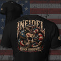 Infidel Born Unbowed American flag skull wrapped in a rattlesnake design back print black tee from Infidel Collective