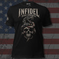 Infidel Born Unbowed American flag rattlesnake coiled around a skull design front print black tee from Infidel Collective