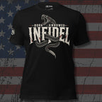Black Infidel Collective tee with Born Unbowed text and rattlesnake front graphic