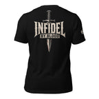 Infidel by Blood text and combat dagger back print graphic on black tee