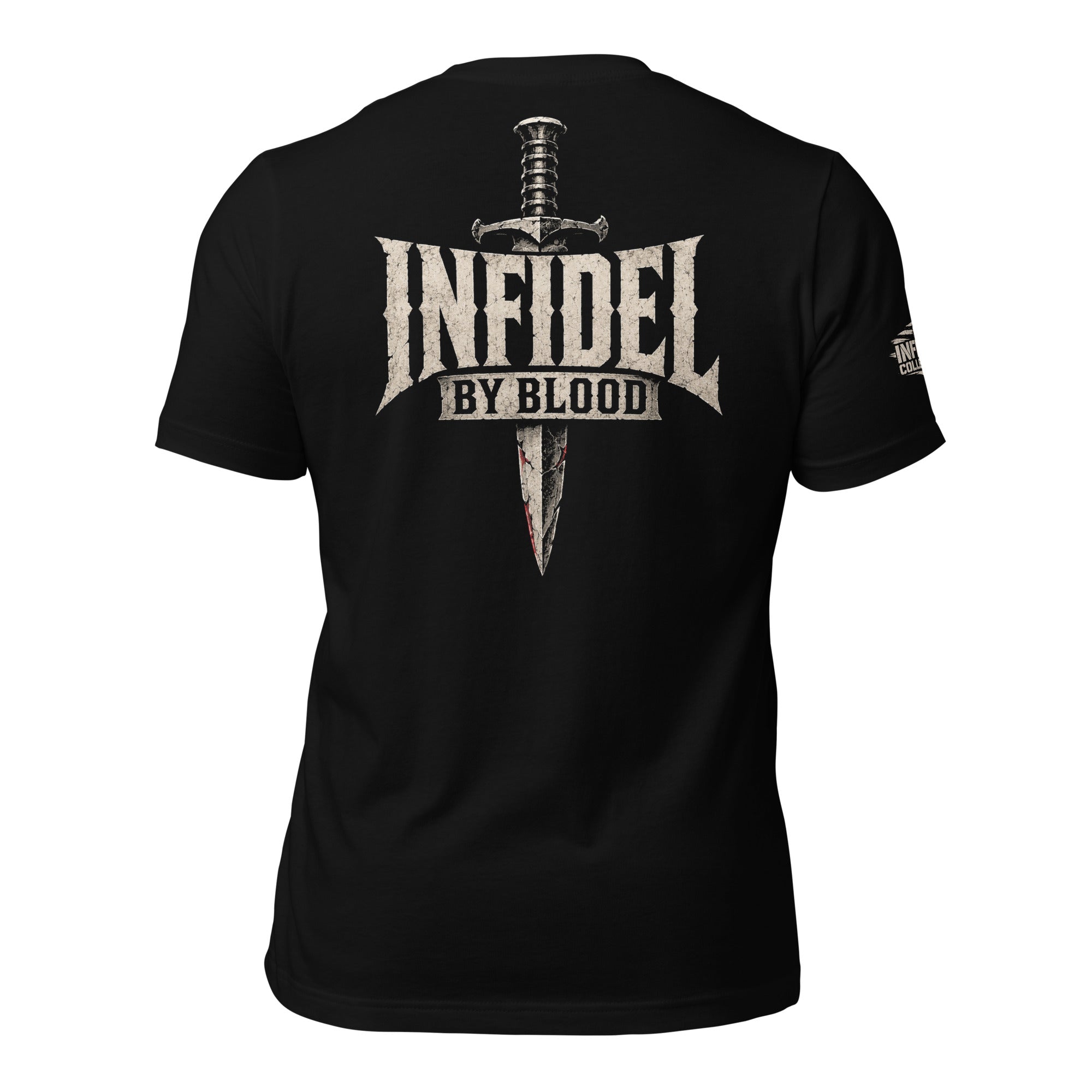 Infidel by Blood text and combat dagger back print graphic on black tee