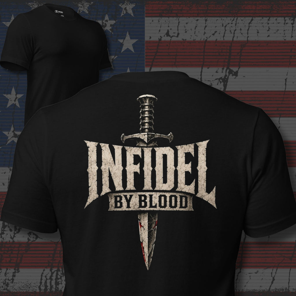 Infidel by Blood text and combat dagger back print graphic on black tee