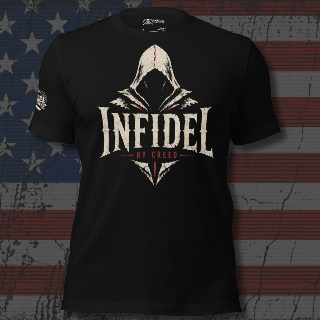 Black Infidel Collective tee with front print featuring shadowed hooded figure, INFIDEL text, and By Creed graphic