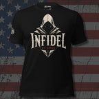 Black Infidel Collective tee with front print featuring shadowed hooded figure, INFIDEL text, and By Creed graphic