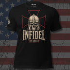 Infidel By Creed knight skull cross back print black tee from Infidel Collective