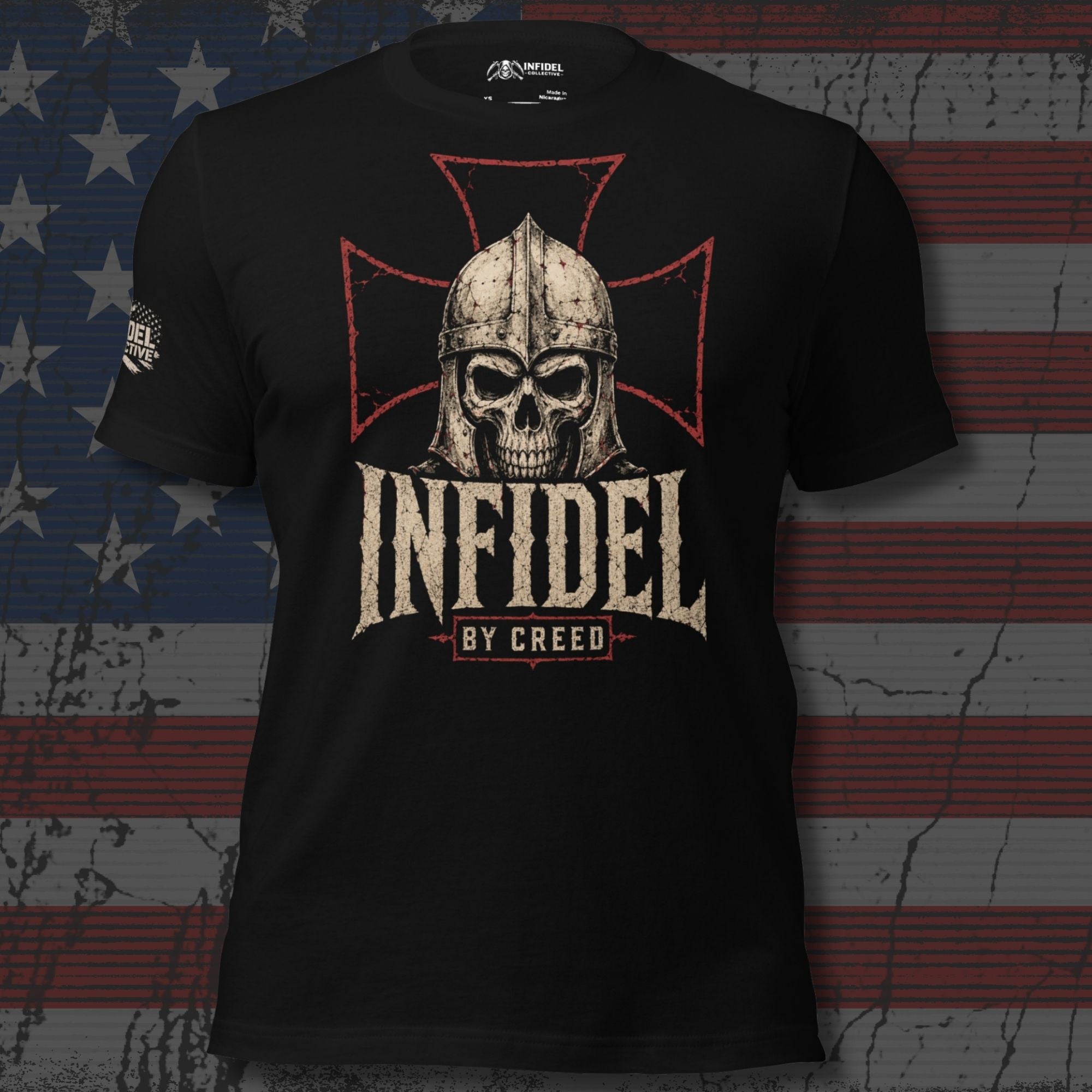 Infidel By Creed knight skull cross back print black tee from Infidel Collective
