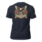 Second Amendment eagle and crossed rifles graphic heather navy back print tee from Infidel Collective