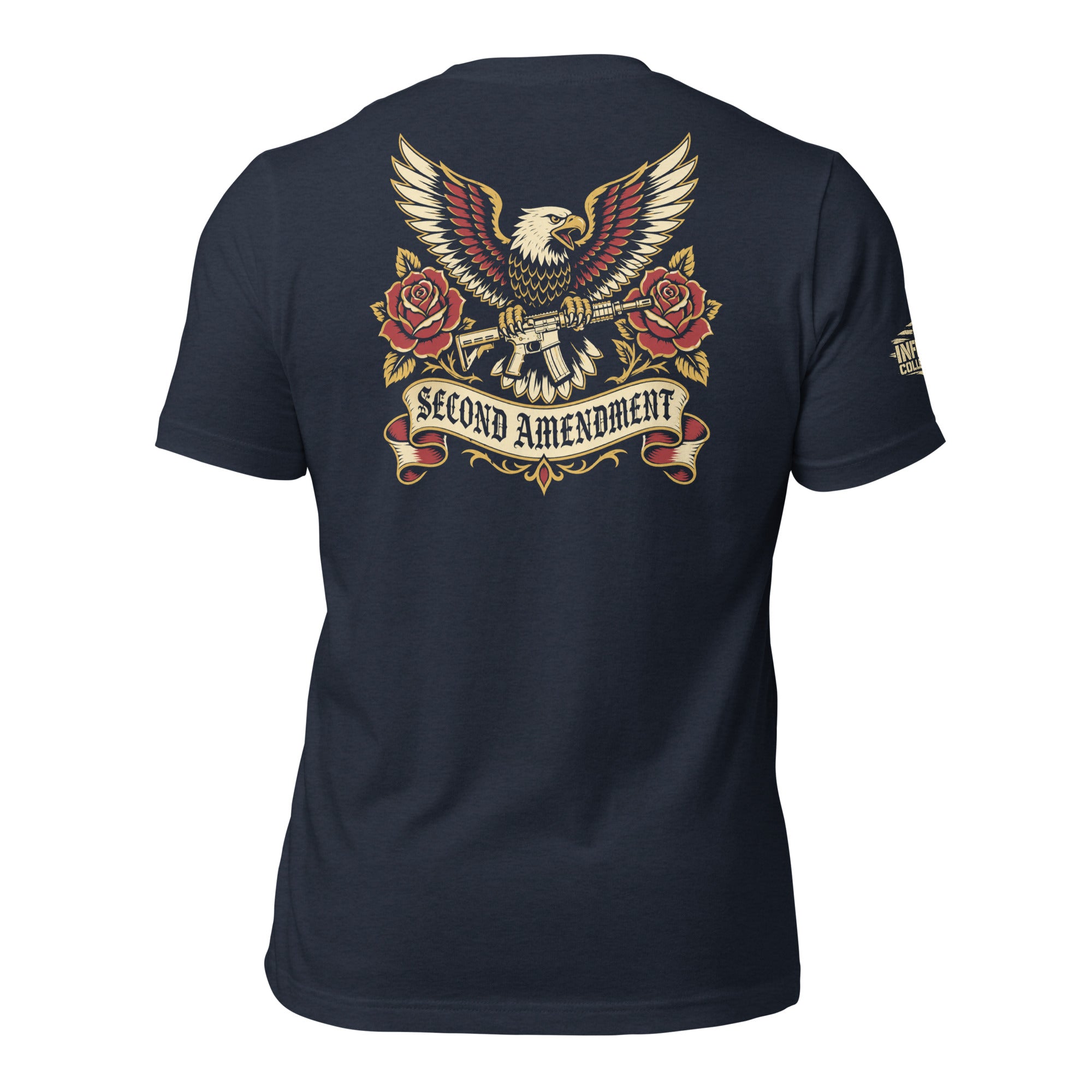 Second Amendment eagle and crossed rifles graphic heather navy back print tee from Infidel Collective