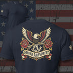 Second Amendment eagle and crossed rifles graphic heather navy back print tee from Infidel Collective
