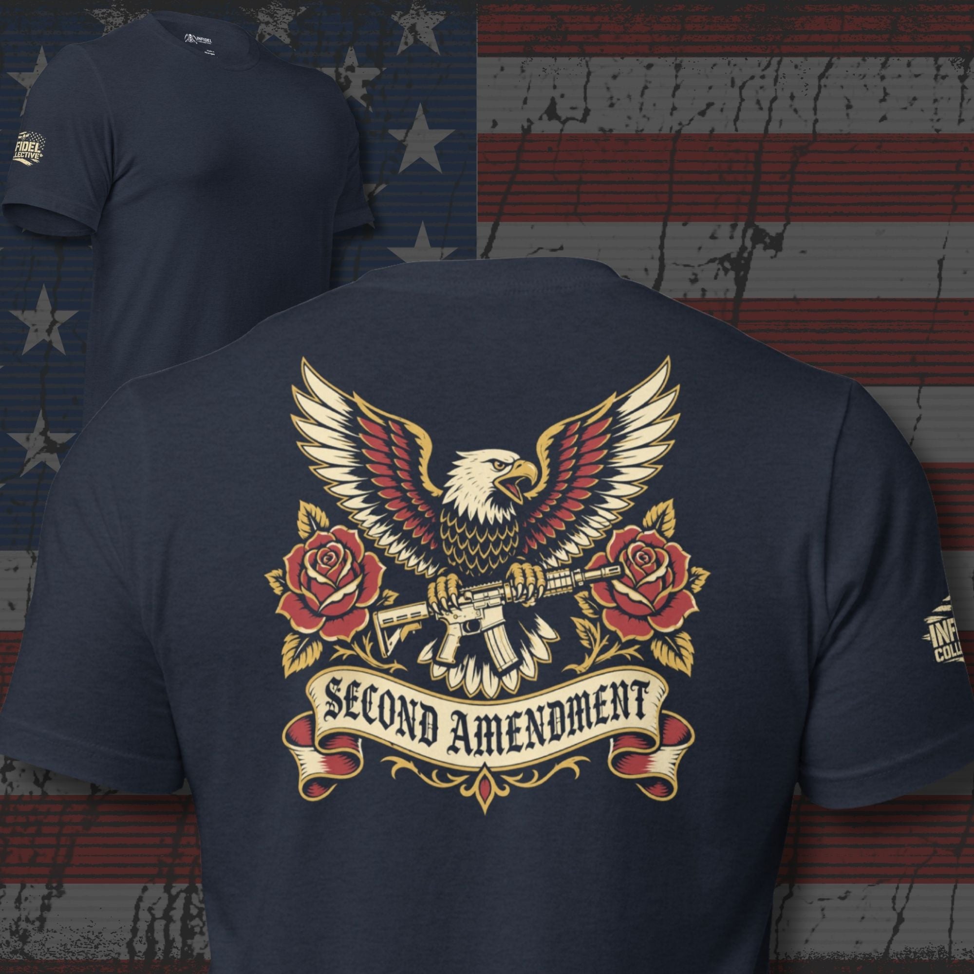 Second Amendment eagle and crossed rifles graphic heather navy back print tee from Infidel Collective