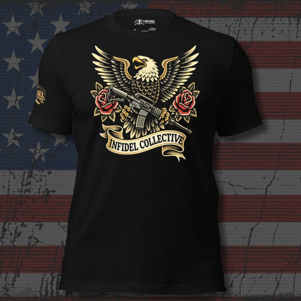 Black tee featuring bald eagle with spread wings, rifle, red roses, and Infidel Collective banner front print