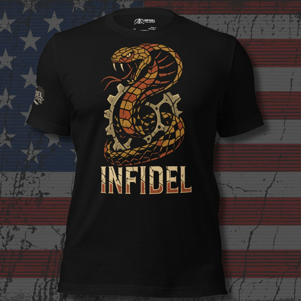 Infidel rattlesnake and sprocket graphic black tee from Infidel Collective