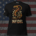 Infidel copperhead cobra and motorcycle sprocket front print black tee from Infidel Collective