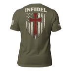 Back view of the Military Green Crimson Cross tee with white INFIDEL text above a distressed American flag and red cross graphic.