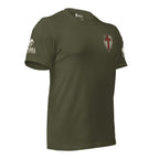 Front-right view of the Military Green Crimson Cross tee with chest graphic, U.S. flag sleeve detail, and Infidel Collective sleeve branding.