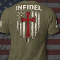 A military green heather t-shirt shown from the back, featuring a distressed graphic of a red cross over a stylized American flag with the word 'INFIDEL' printed in white above it.