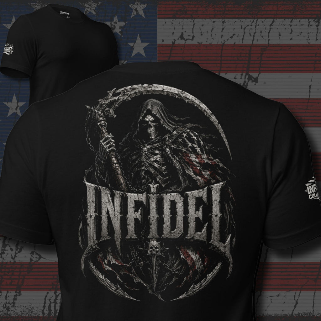 Infidel reaper scythe back print black tee from Infidel Collective