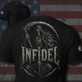 Infidel hooded reaper with scythe and American flag back print black tee from Infidel Collective