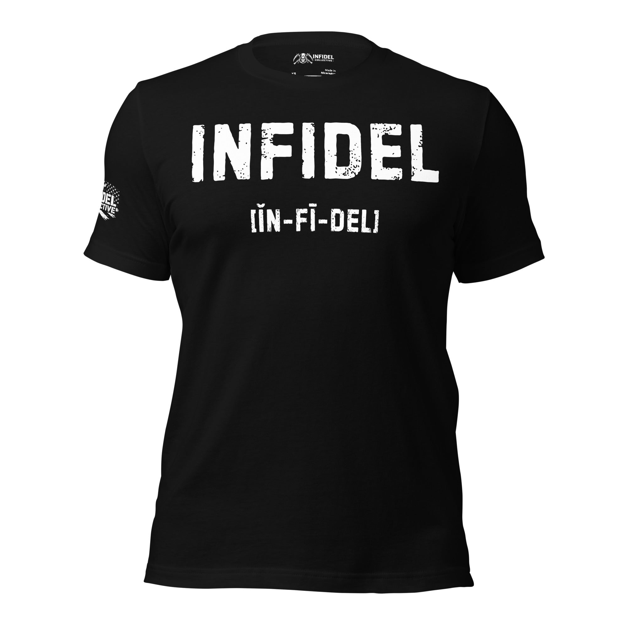 Black t-shirt with 'INFIDEL' text on a white background