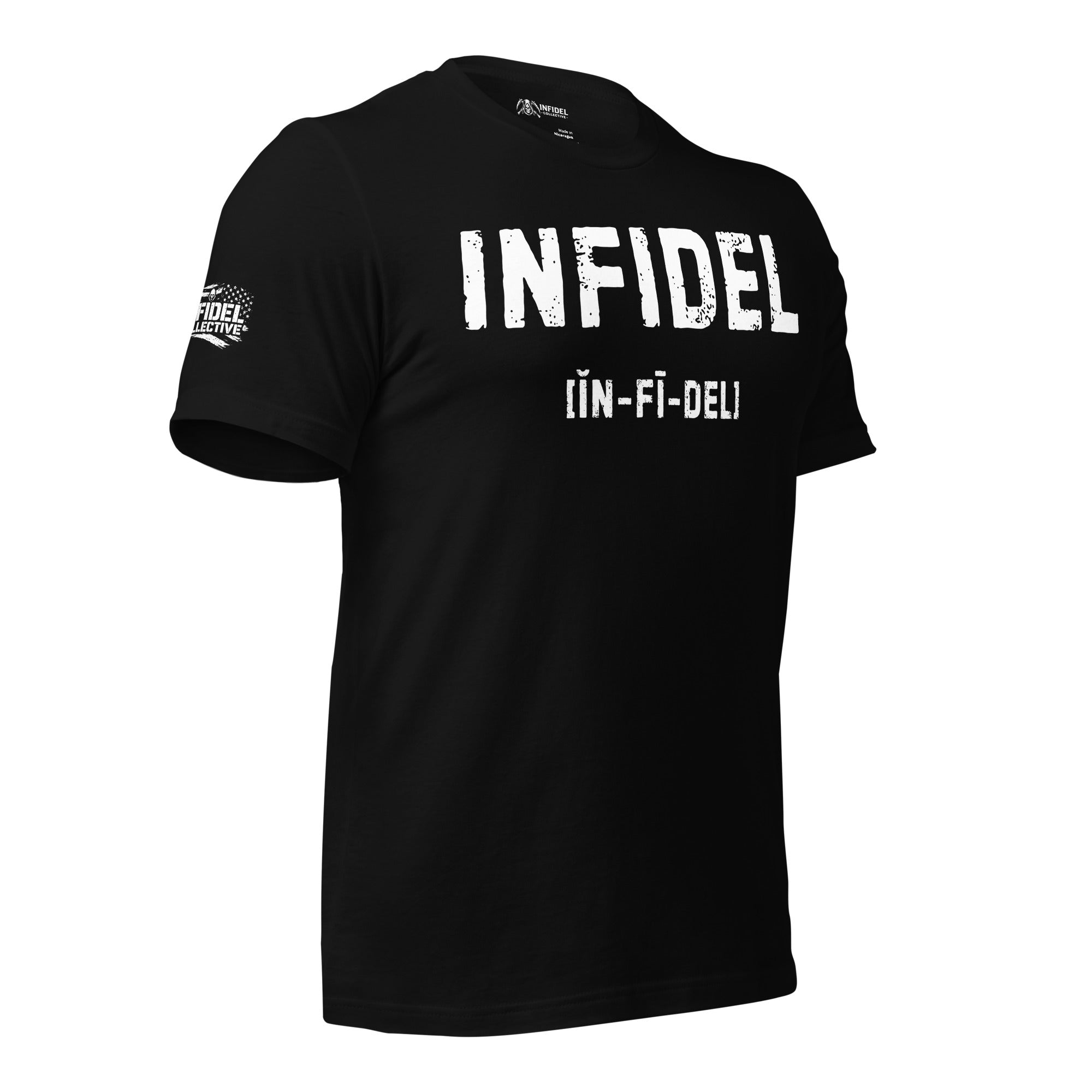 Black t-shirt with 'INFIDEL' text on a white background